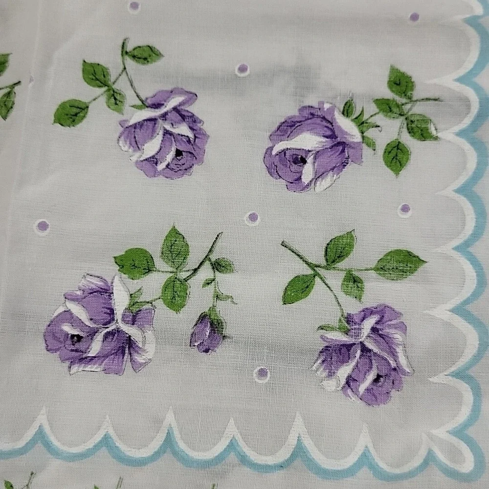 Vintage Handkerchief Hanky Sheer Feminine White Purple Roses Blue Trim